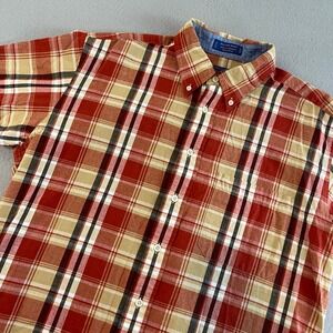 Pendleton Seaside Shirt Mens Red Tan Plaid Short Sleeve Button Down Cotton Large